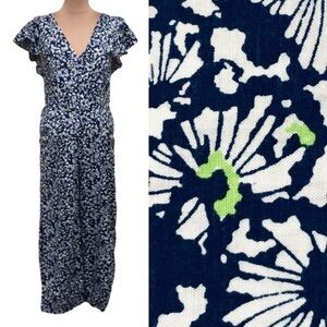 Tanya Taylor Avalon Jumpsuit Size 10 Blue Floral Linen Blend Ruffle Wide Leg